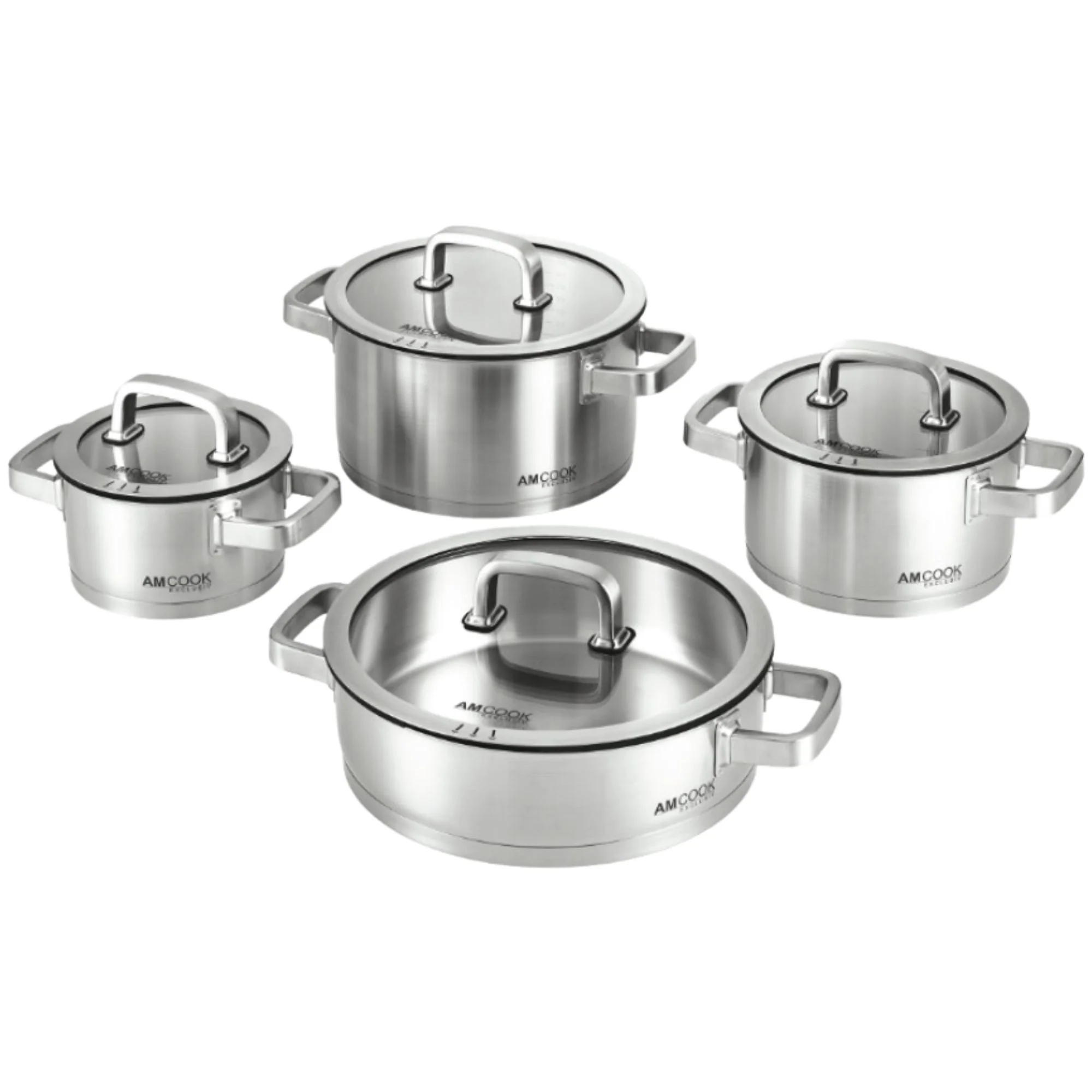 AM COOK Topfset Senna S8, 8-teilig, speziell für Muldenlüfter/Kochfeldabsaugung, Edelstahl Kochtöpfe + Servierpfanne, 10 Jahre Garantie