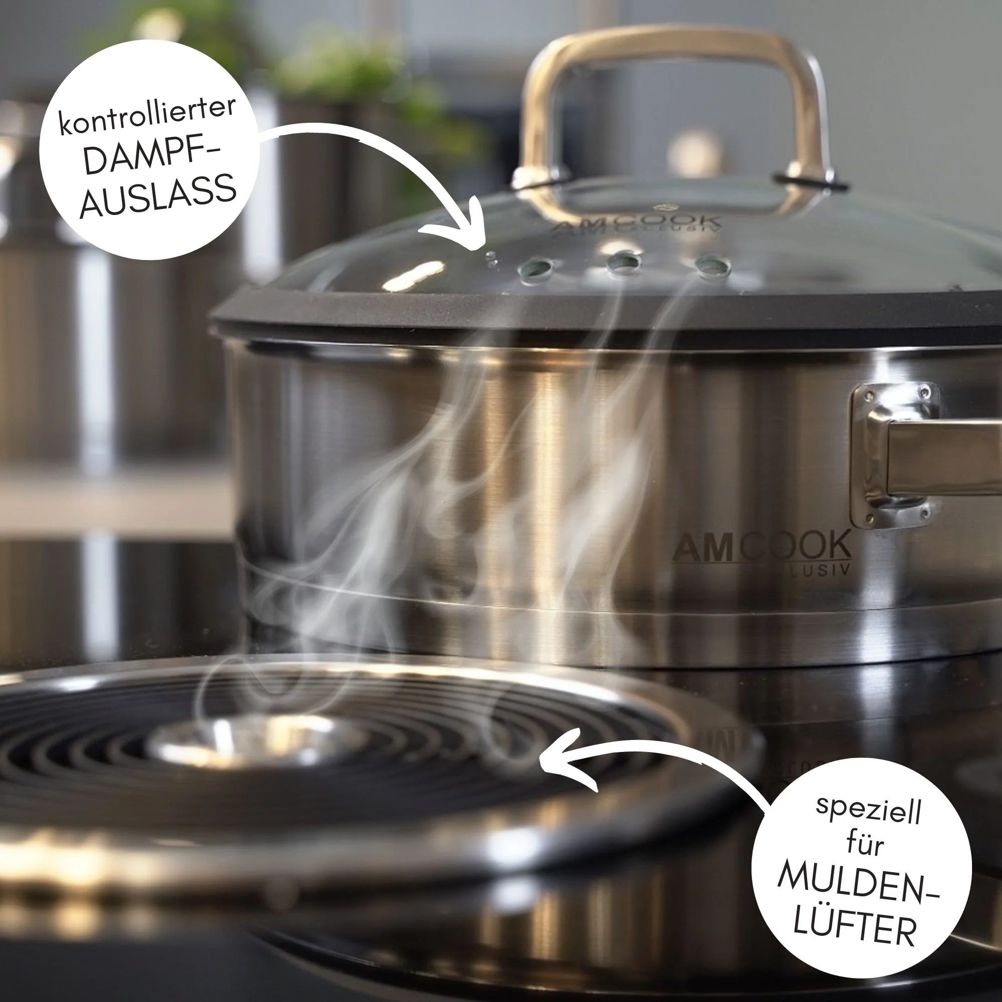 AM COOK Topfset Senna S8, 8-teilig, speziell für Muldenlüfter/Kochfeldabsaugung, Edelstahl Kochtöpfe + Servierpfanne, 10 Jahre Garantie - Image 3