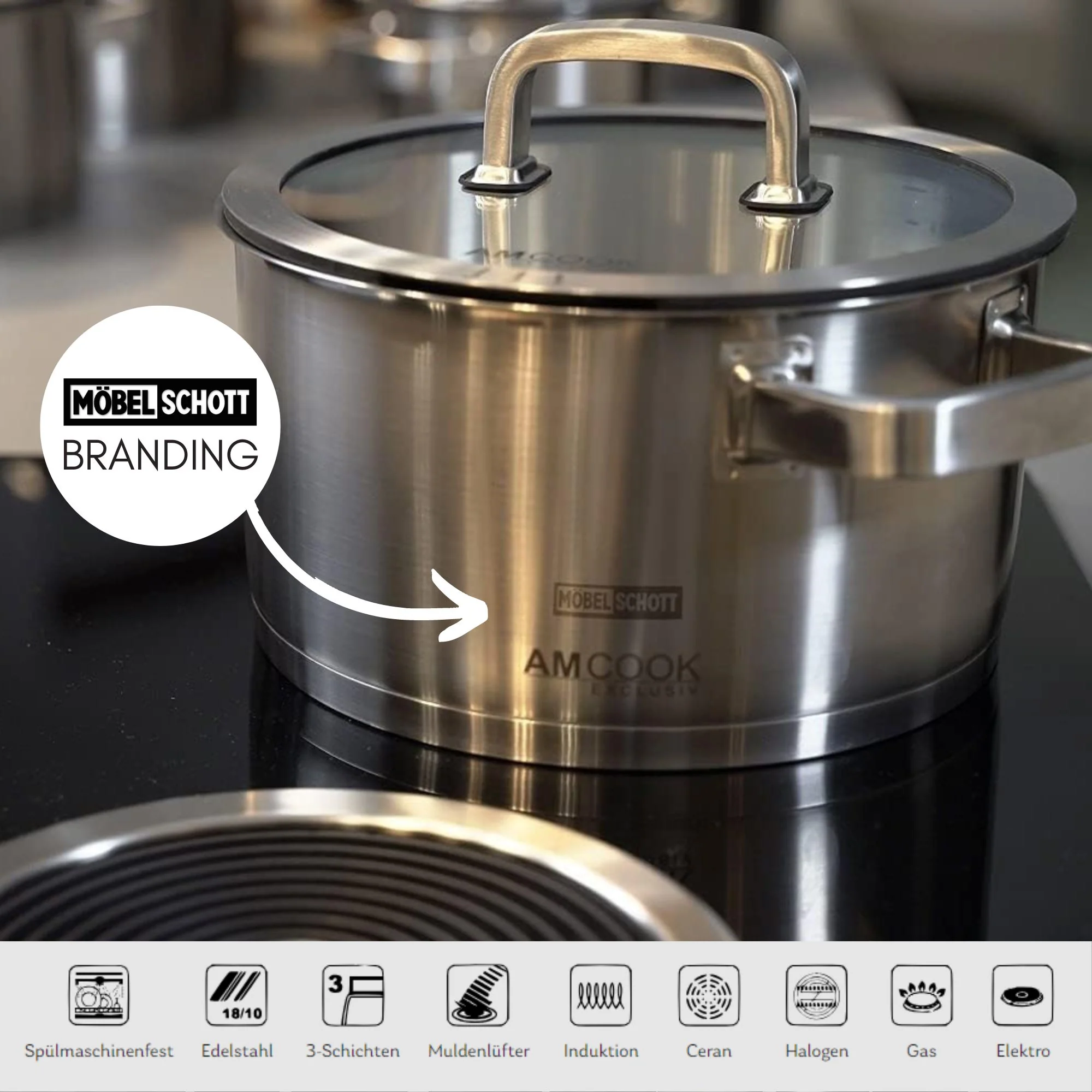 AM COOK Topfset Senna S8, 8-teilig, speziell für Muldenlüfter/Kochfeldabsaugung, Edelstahl Kochtöpfe + Servierpfanne, 10 Jahre Garantie - Image 5