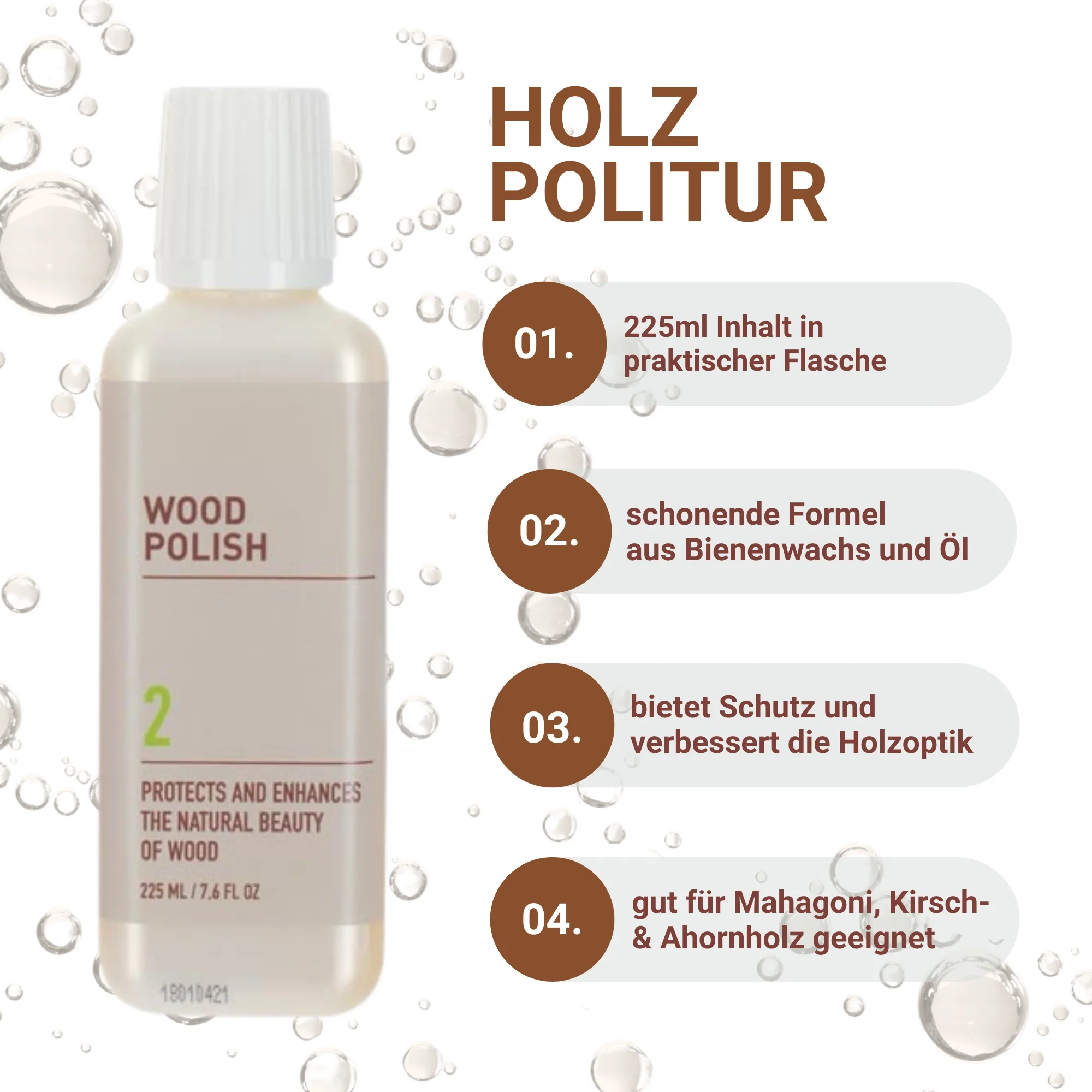 Holzpflege-Set Wood Care, 225ml Holzreiniger & Holzpolitur inkl. Reinigungstuch für Holzmöbel und Vertäfelungen - Image 3