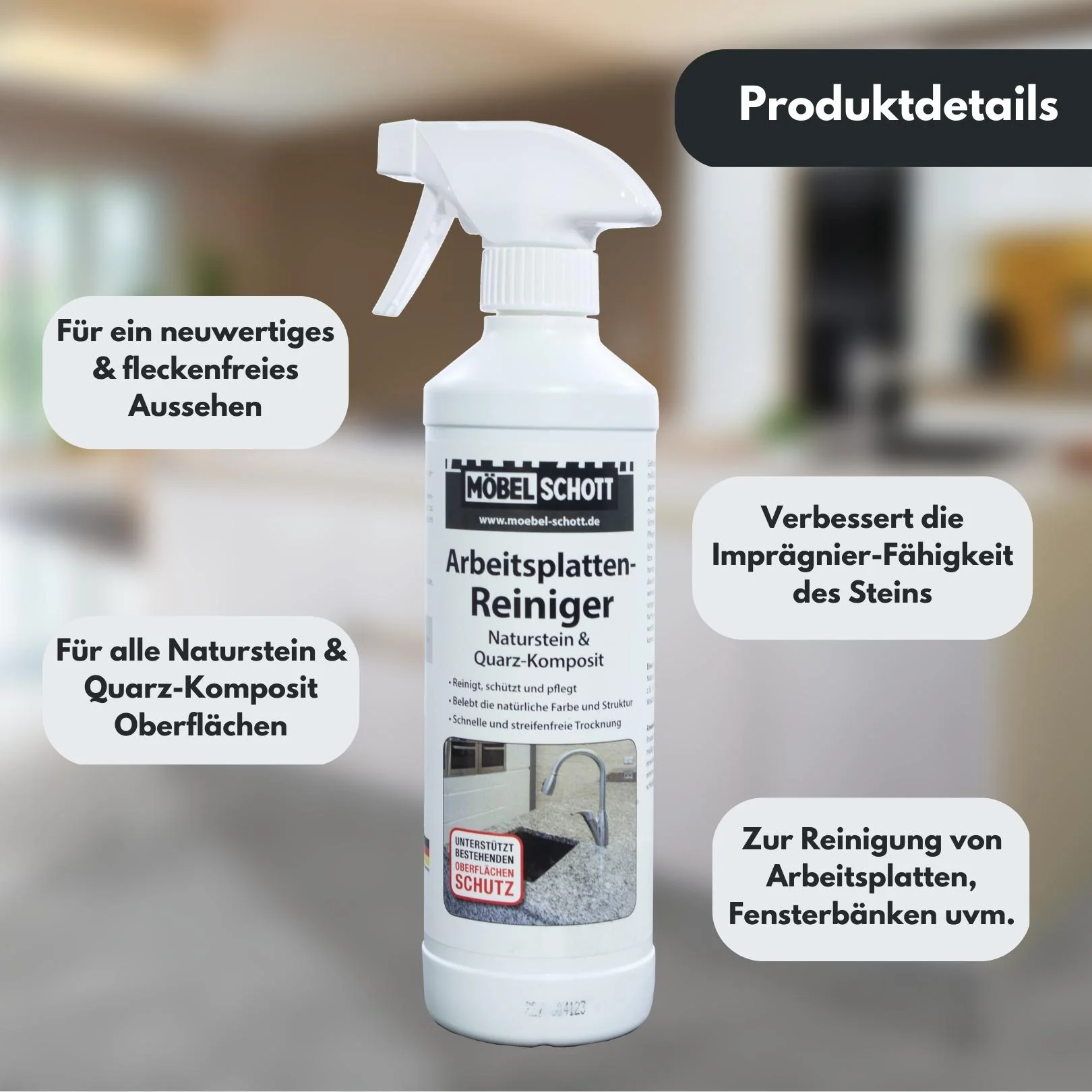 MÖBEL SCHOTT Arbeitsplatten Reiniger für Naturstein & Quarz, Reinigungsspray für Küche und Haushalt, 500 ml - Image 4