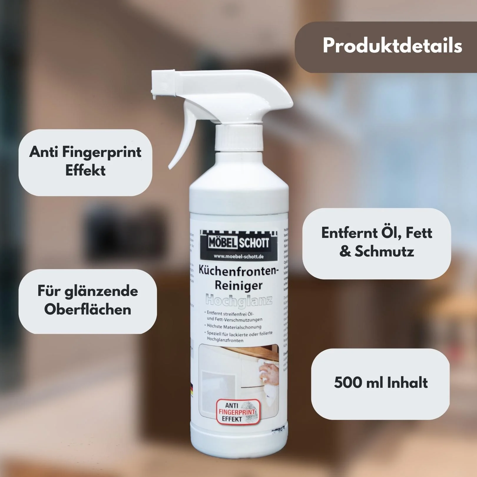 MÖBEL SCHOTT Küchenfronten-Reiniger für Hochglanz-Küchen, Anti-Fingerprint, 500 ml - Image 4