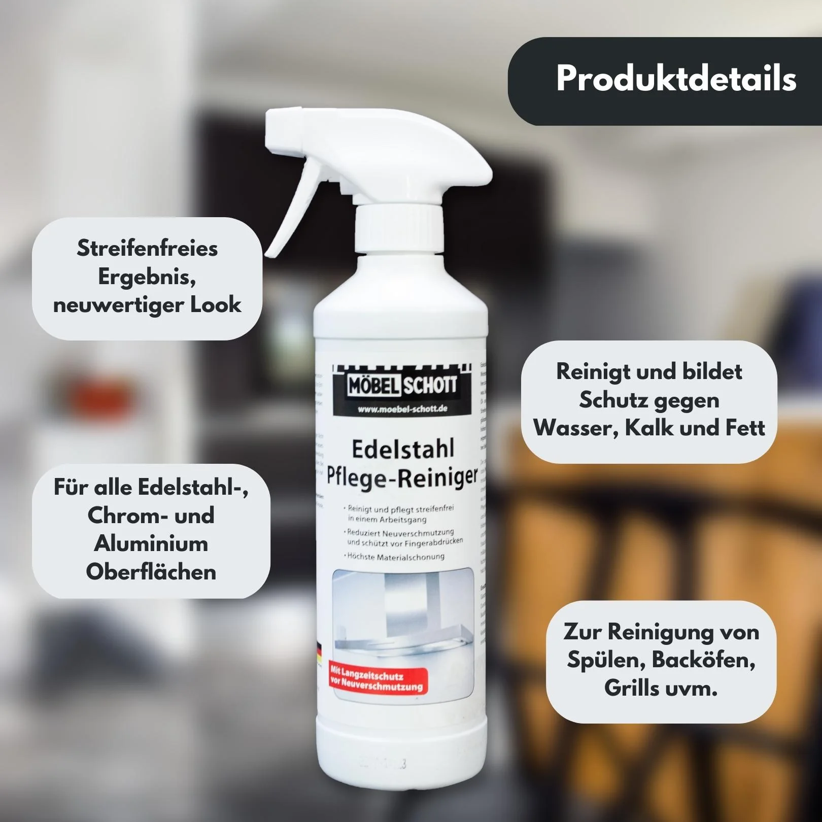 MÖBEL SCHOTT Pflege-Reiniger für Edelstahl, Küche, Haushalt & Garten, streifenfrei, 500 ml - Image 4