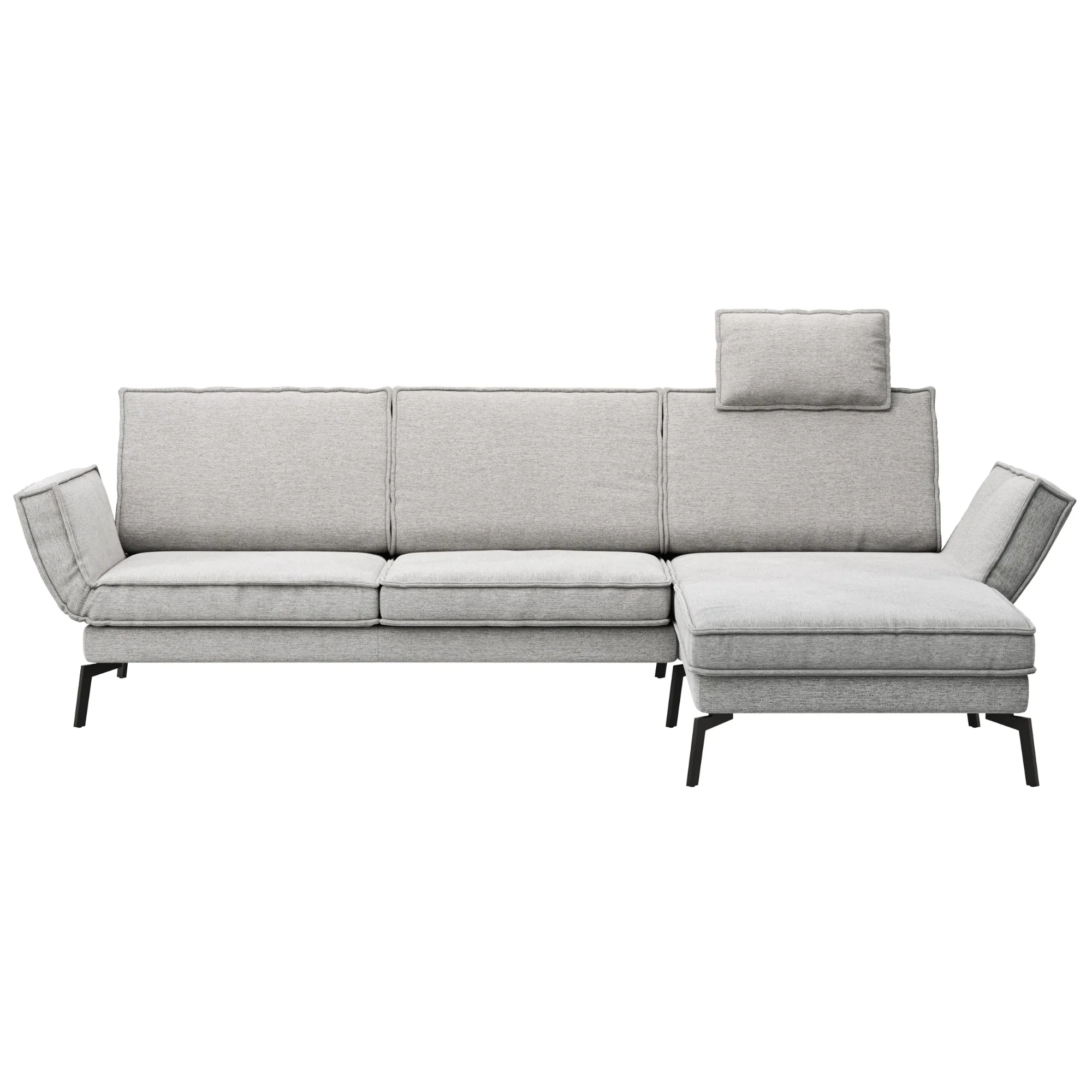 RAUM.FREUNDE Sofa MY, 2,5 Sitzer mit Longchair, verstellbarer Rücken- & Armlehne + Kopfstütze, Drehsitze & USB Ladeanschluss, Stoffbezug Hellgrau