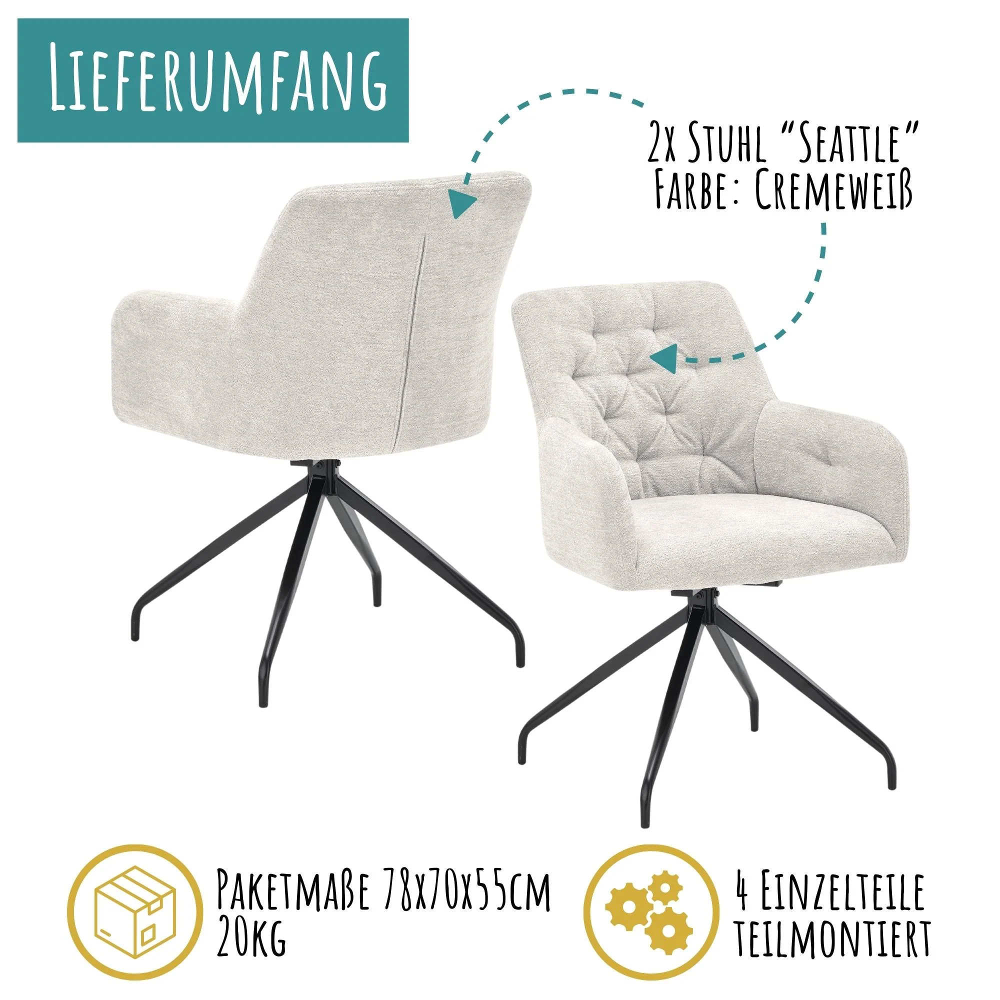 set one by Musterring Esszimmerstühle 'Seattle' 2er-Set, 360° drehbar, Polsterstuhl mit Arm- & Rückenlehne, Küchenstuhl mit gepolsterter Sitzfläche, cremeweiß - Image 13