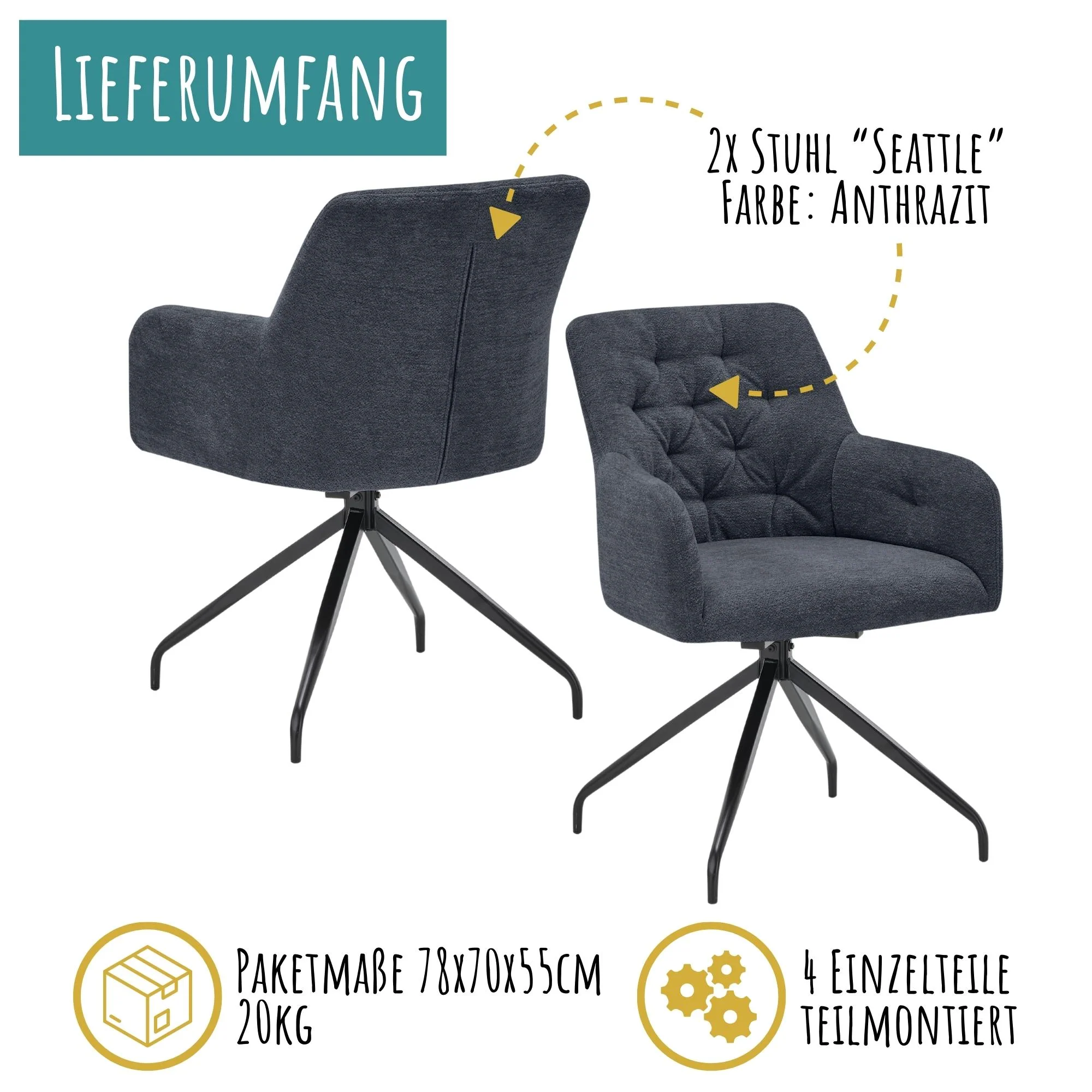 set one by Musterring Esszimmerstühle 'Seattle' 2er-Set, 360° drehbar, Polsterstuhl mit Arm- & Rückenlehne, Küchenstuhl mit gepolsterter Sitzfläche, cremeweiß - Image 14